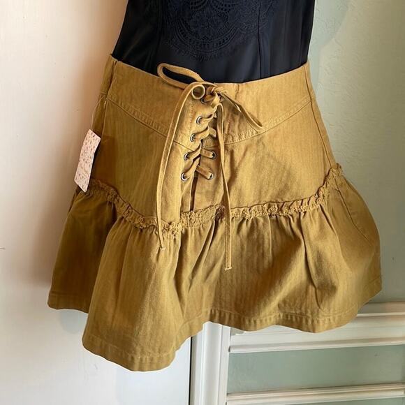 Free People Lace Up Denim Mini Skirt khaki green 8 - Picture 5 of 5